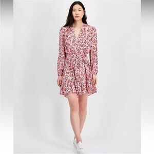 NWT Tommy Hilfiger pink Floral long sleeve band collar tie waist Dress small